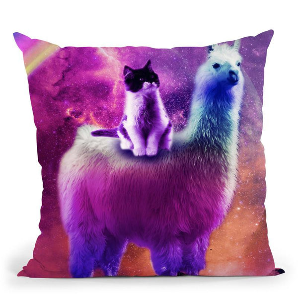 Kitty Cat Riding On Rainbow Llama In Space Throw Pillow By Skyler Hill