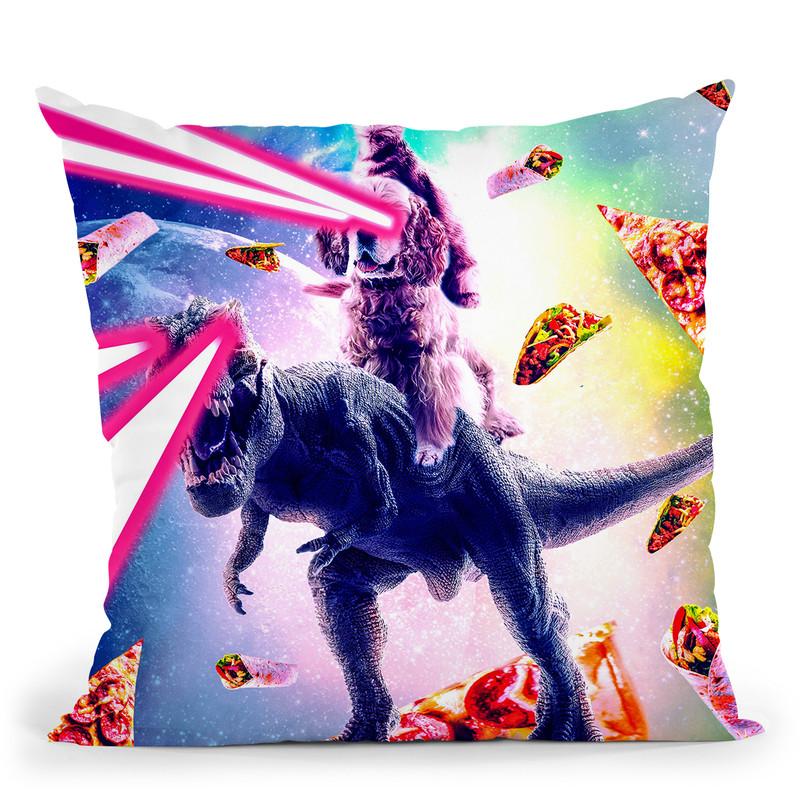 Laser Eyes Space Cat Riding Dog And Dinosaur Throw Pillow By Skyler Hill