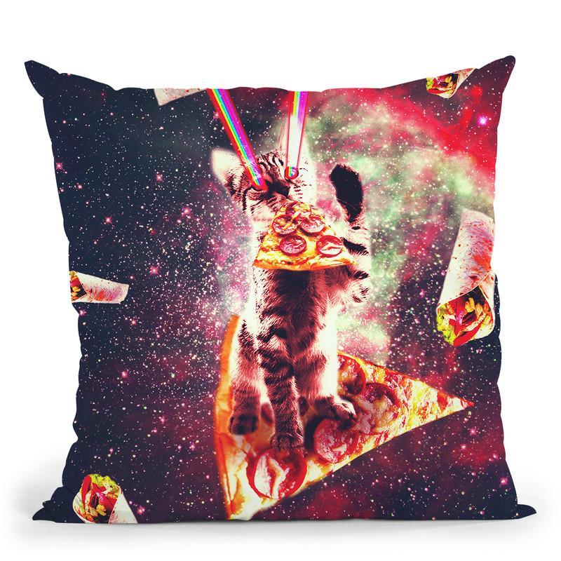 Space Cat Eating Pizza - Rainbow Laser Eyes, Burrito Throw Pillow By Skyler Hill