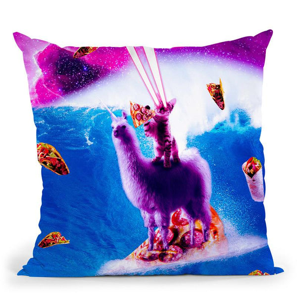 Laser Eyes Space Cat Riding On Surfing Llama Unicorn Throw Pillow By Skyler Hill