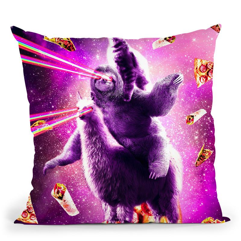 Laser Eyes Space Cat Riding Sloth, Llama - Rainbow Throw Pillow By Skyler Hill