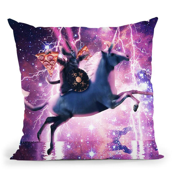 Lazer Warrior Space Cat Riding Unicorn Eating Pizza Throw Pillow By Skyler Hill