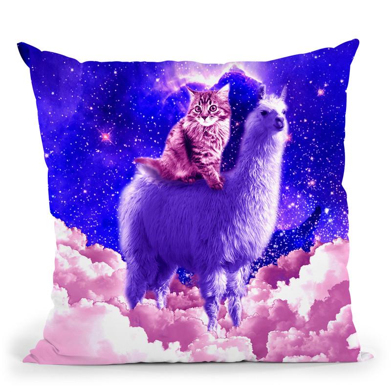 Outer Space Galaxy Kitty Cat Riding On Llama Throw Pillow By Skyler Hill