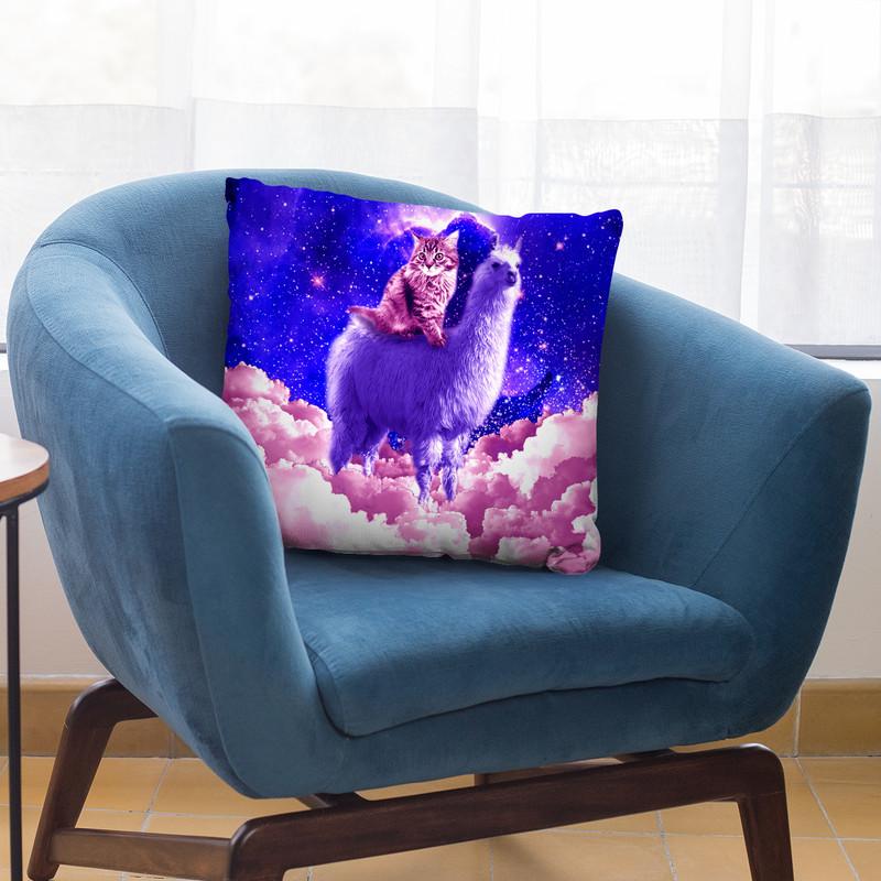 Outer Space Galaxy Kitty Cat Riding On Llama Throw Pillow By Skyler Hill