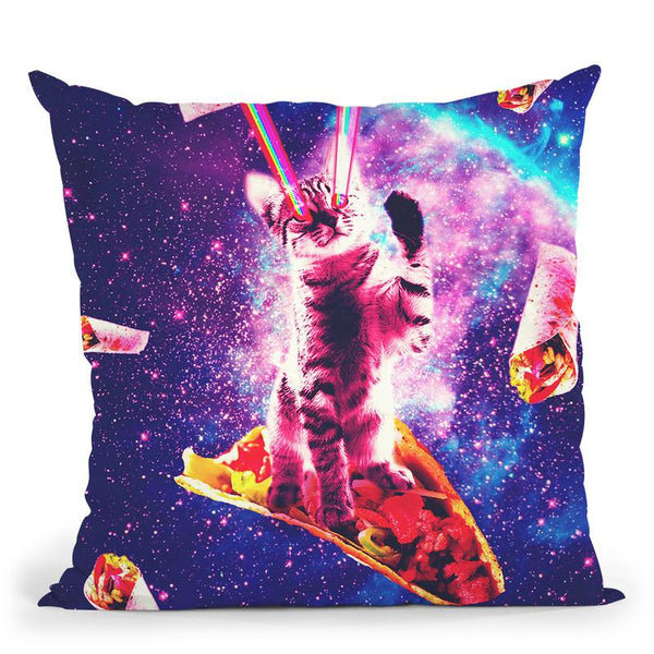 Outer Space Taco Cat - Rainbow Laser Eyes, Burrito Throw Pillow By Skyler Hill