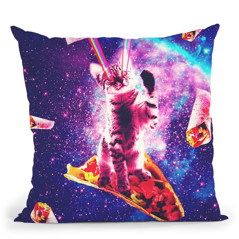 Outer Space Taco Cat - Rainbow Laser Eyes, Burrito Throw Pillow By Skyler Hill
