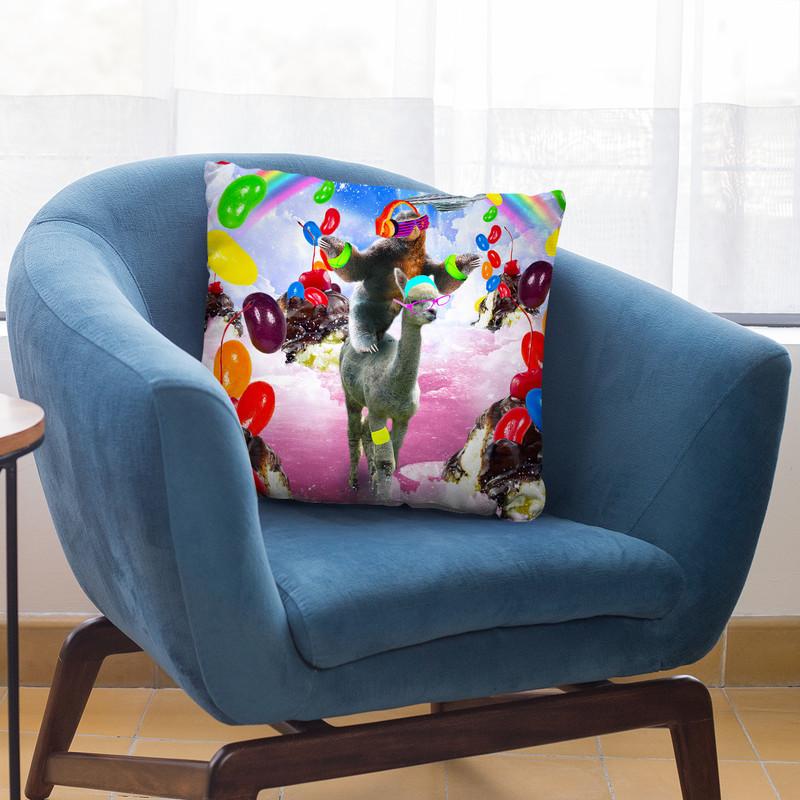 Sloth Riding Alpaca With Sundae And Jelly Beans Throw Pillow By Skyler Hill