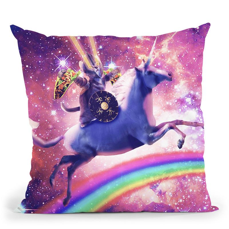 Lazer Warrior Space Cat Riding Unicorn Eating Taco Throw Pillow By Skyler Hill