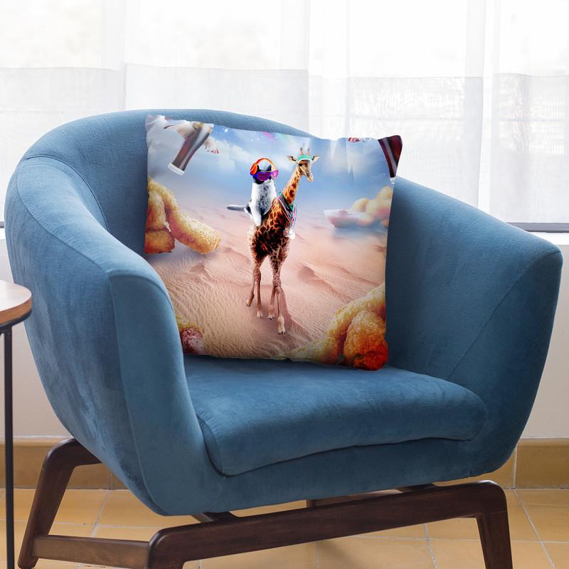 Cat Riding Giraffe With Chicken Nuggets And Cola Throw Pillow By Skyler Hill