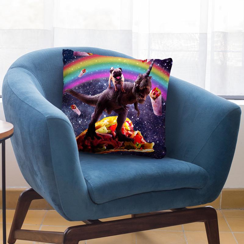 Space Pug Riding Dinosaur Unicorn - Taco & Burrito Throw Pillow By Skyler Hill