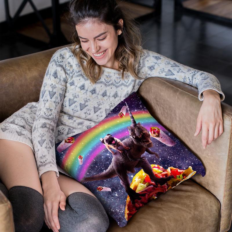 Space Pug Riding Dinosaur Unicorn - Taco & Burrito Throw Pillow By Skyler Hill