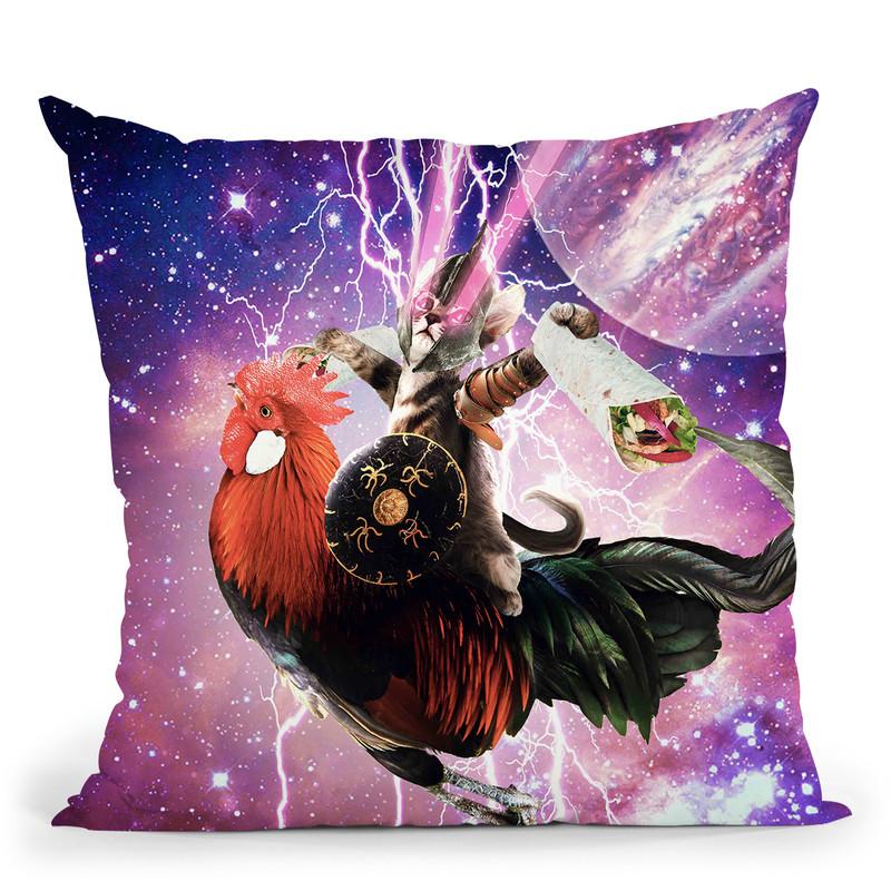Lazer Warrior Space Cat Riding Chicken Eating Burrito Throw Pillow By Skyler Hill