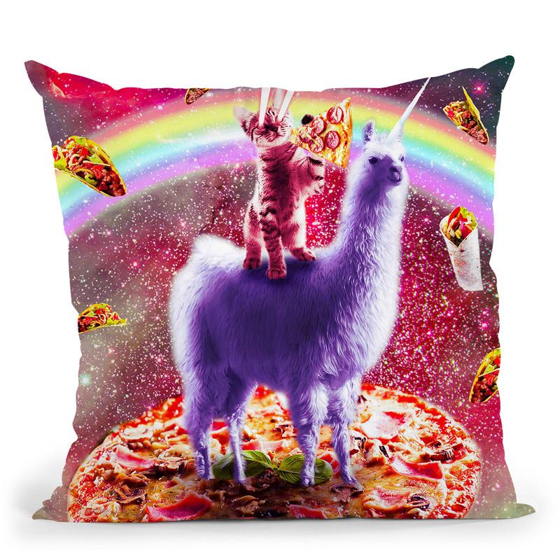 Laser Eyes Outer Space Cat Riding On Llama Unicorn Throw Pillow By Skyler Hill