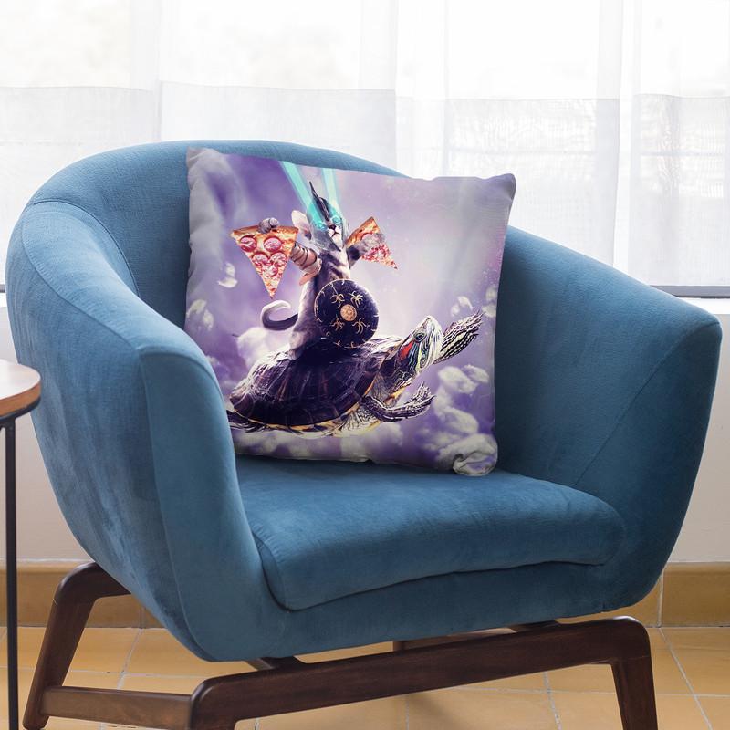 Tornado Cat Riding Turtle Eating Pizza Throw Pillow By Skyler Hill