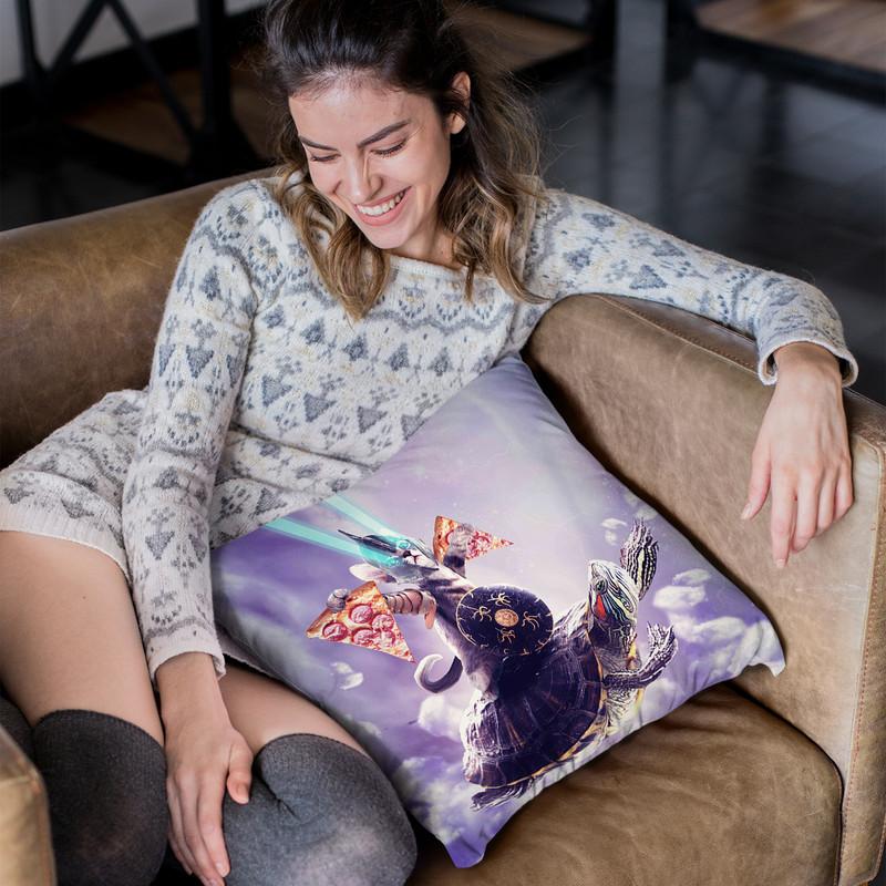Tornado Cat Riding Turtle Eating Pizza Throw Pillow By Skyler Hill