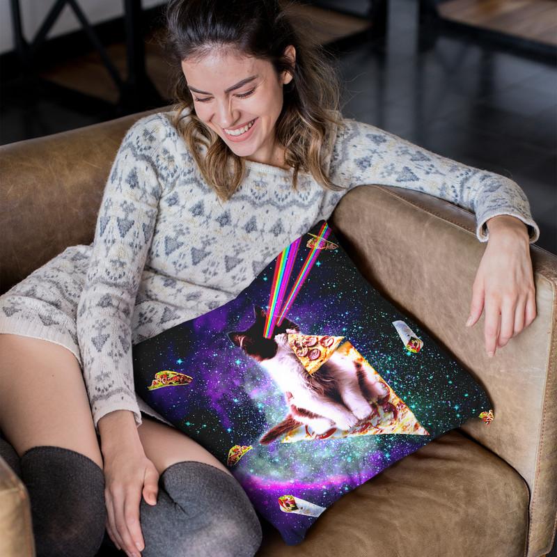 Outer Space Pizza Cat - Rainbow Laser, Taco, Burrito Throw Pillow By Skyler Hill