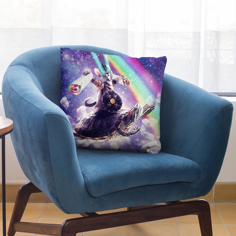 Lazer Warrior Space Cat Riding Turtle Eating Burrito Throw Pillow By Skyler Hill