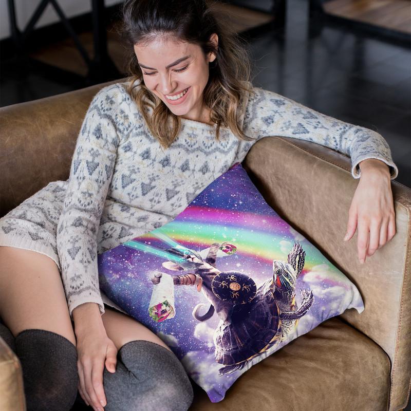 Lazer Warrior Space Cat Riding Turtle Eating Burrito Throw Pillow By Skyler Hill