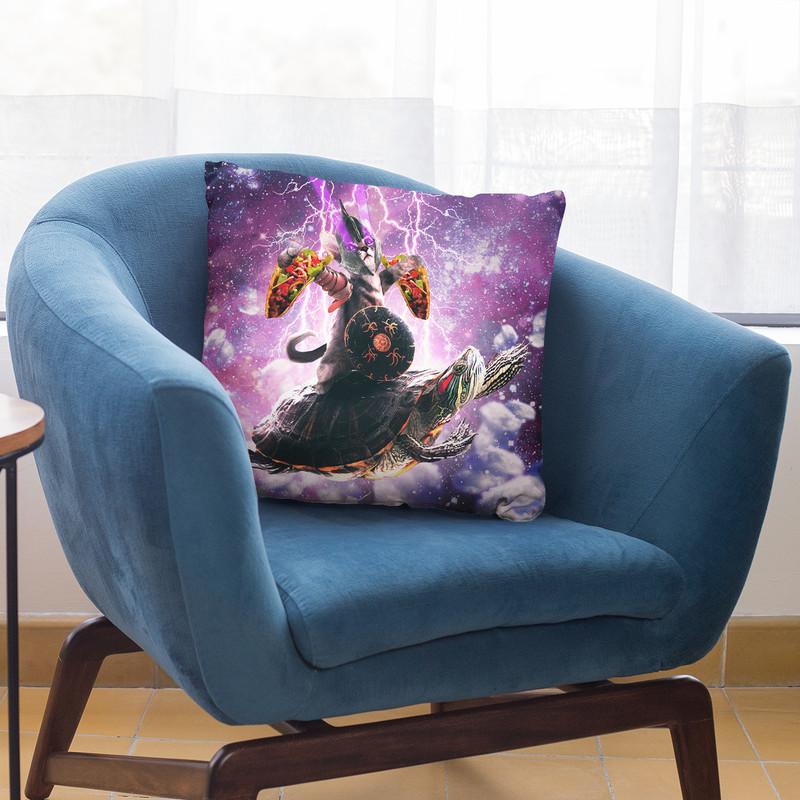 Lazer Warrior Space Cat Riding Turtle Eating Taco Throw Pillow By Skyler Hill