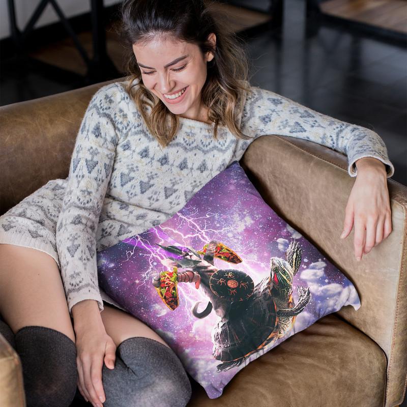 Lazer Warrior Space Cat Riding Turtle Eating Taco Throw Pillow By Skyler Hill