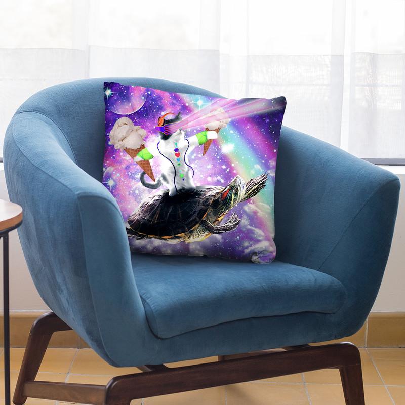 Lazer Rave Space Cat Riding Turtle Eating Ice Cream Throw Pillow By Skyler Hill
