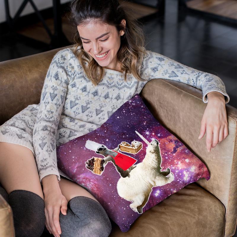 Lemur Riding Bear Unicorn Eating Cake Throw Pillow By Skyler Hill