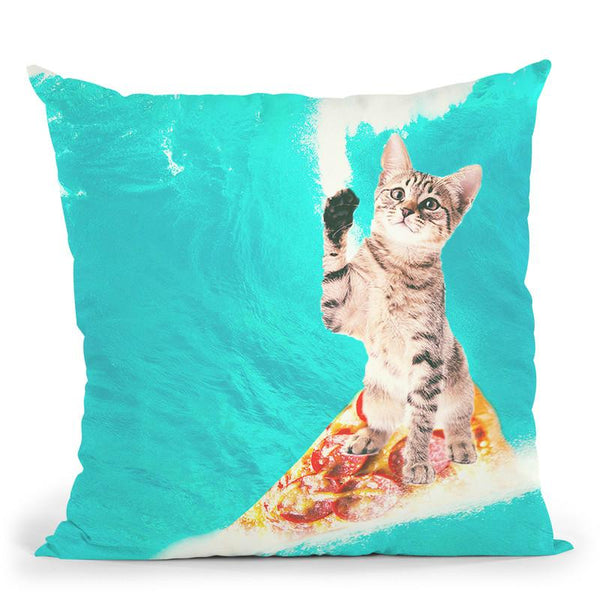 Kitty Cat Surfing Pizza Throw Pillow By Skyler Hill