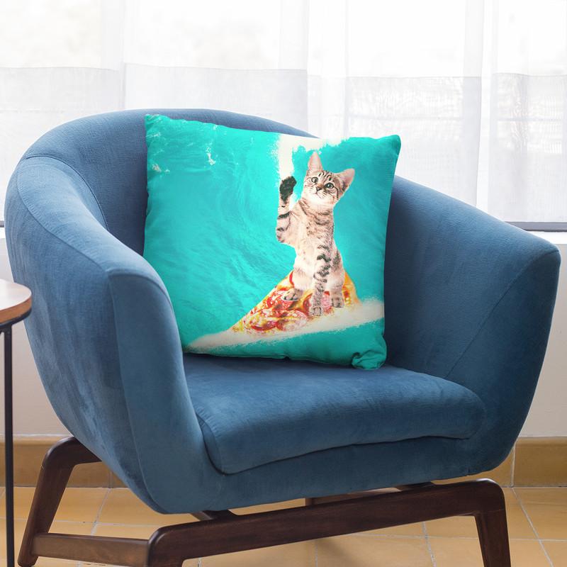 Kitty Cat Surfing Pizza Throw Pillow By Skyler Hill