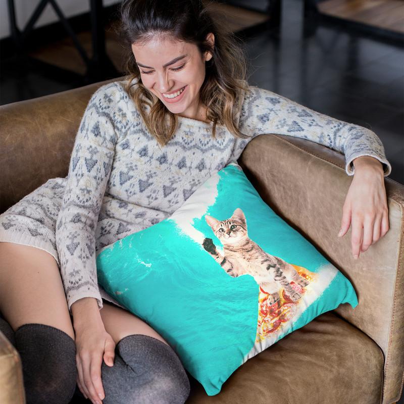 Kitty Cat Surfing Pizza Throw Pillow By Skyler Hill