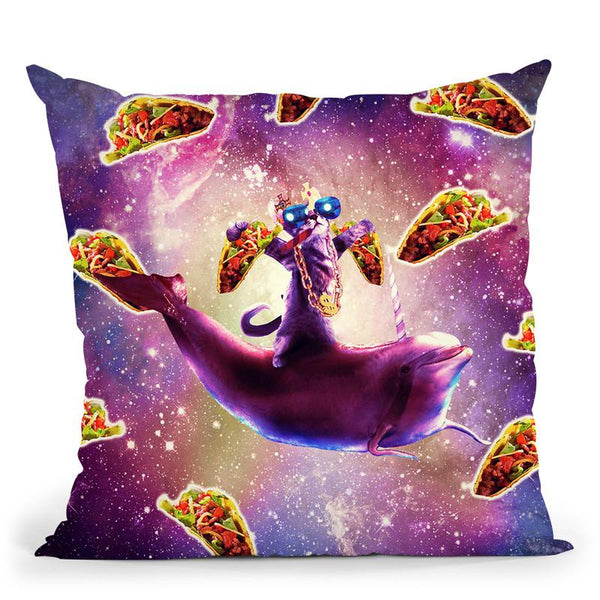 Thug Space Cat On Dolphin Unicorn - Taco Throw Pillow By Skyler Hill