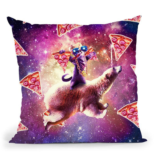 Thug Space Cat On Polar Bear Unicorn - Pizza Throw Pillow By Skyler Hill