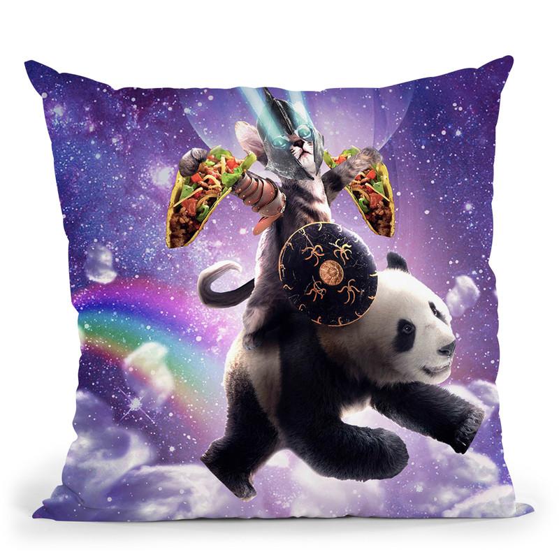 Lazer Warrior Space Cat Riding Panda With Taco Throw Pillow By Skyler Hill