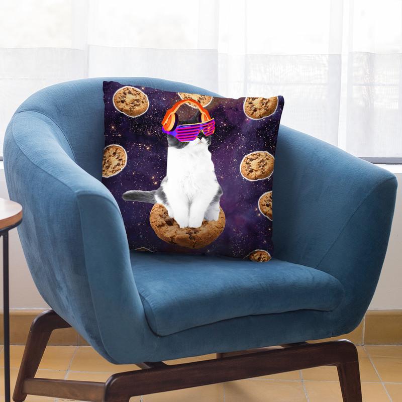 Rave Kitty Cat On Choc Cookie In Space Throw Pillow By Skyler Hill