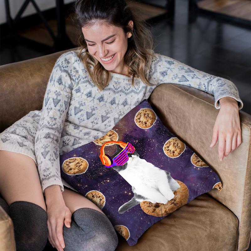 Rave Kitty Cat On Choc Cookie In Space Throw Pillow By Skyler Hill