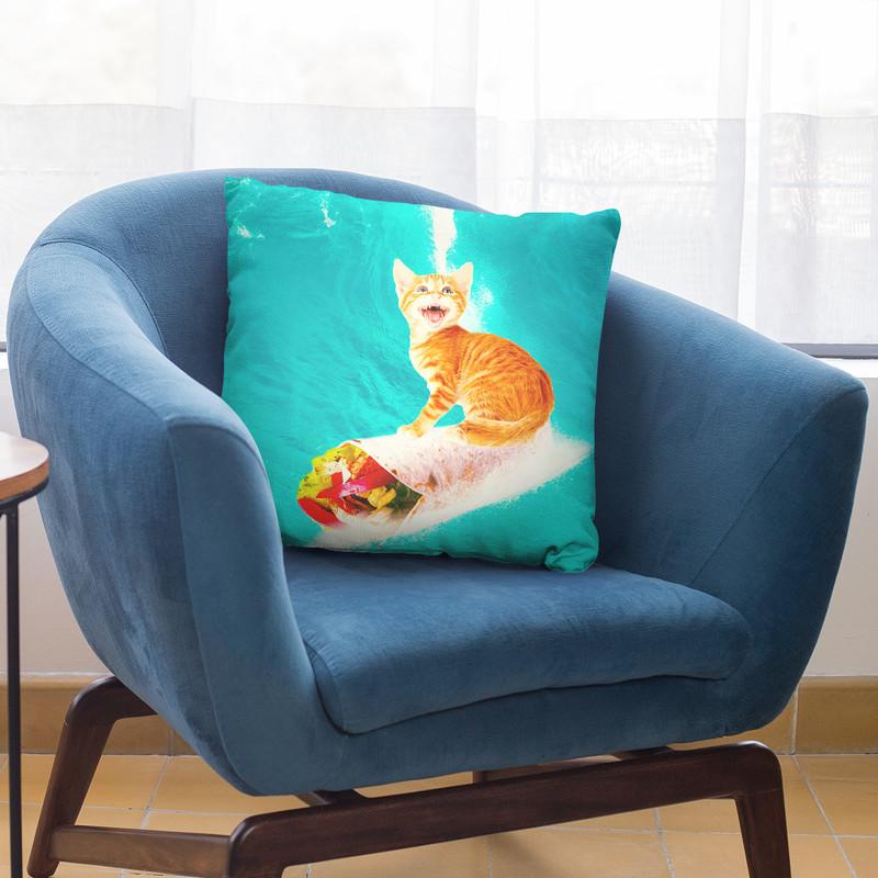 Kitty Cat Surfing Burrito Throw Pillow By Skyler Hill
