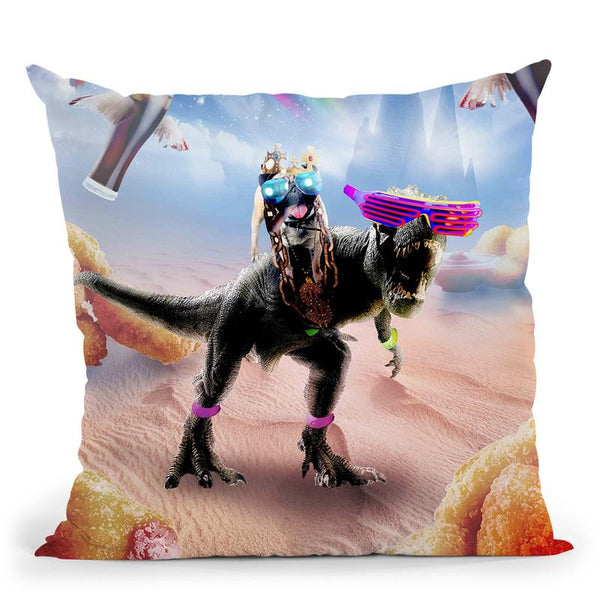 Pug Riding Dinosaur With Chicken Nuggets And Cola Throw Pillow By Skyler Hill
