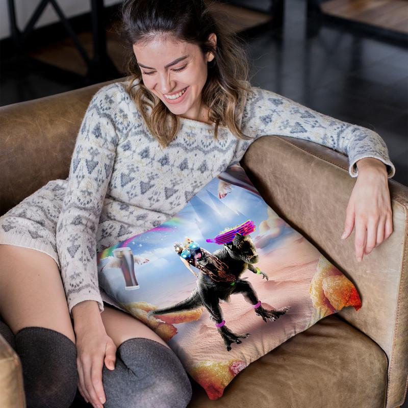 Pug Riding Dinosaur With Chicken Nuggets And Cola Throw Pillow By Skyler Hill