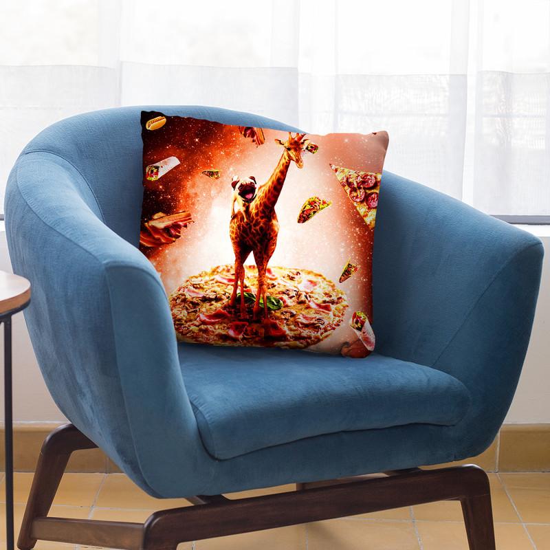 Outer Space Pug Riding Giraffe Unicorn - Pizza Throw Pillow By Skyler Hill