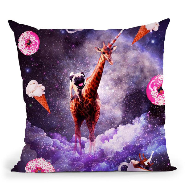 Outer Space Pug Riding Giraffe Unicorn - Donut Throw Pillow By Skyler Hill