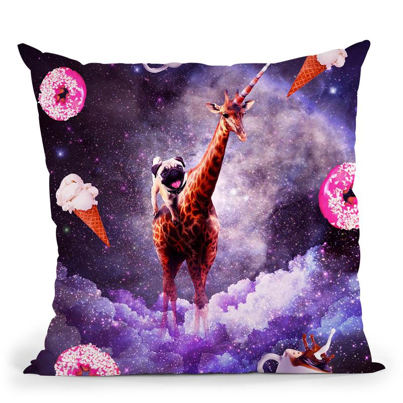 Outer Space Pug Riding Giraffe Unicorn - Donut Throw Pillow By Skyler Hill