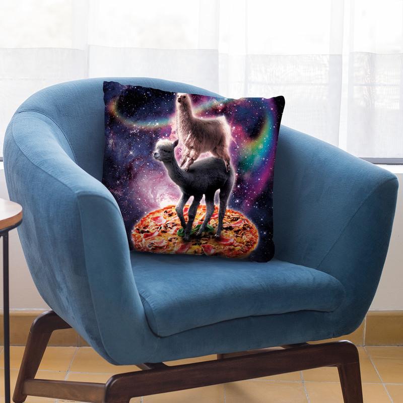 Rainbow Space Llama On Alpaca Riding Pizza Throw Pillow By Skyler Hill