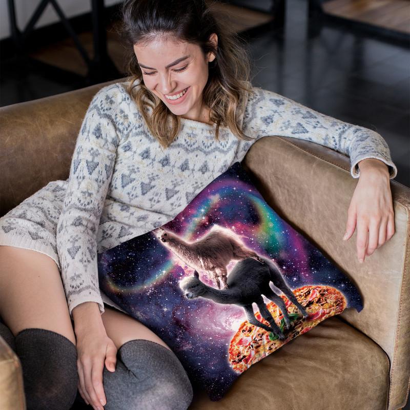 Rainbow Space Llama On Alpaca Riding Pizza Throw Pillow By Skyler Hill