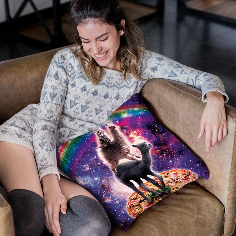 Space Cat Llama Alpaca Riding Pizza Throw Pillow By Skyler Hill