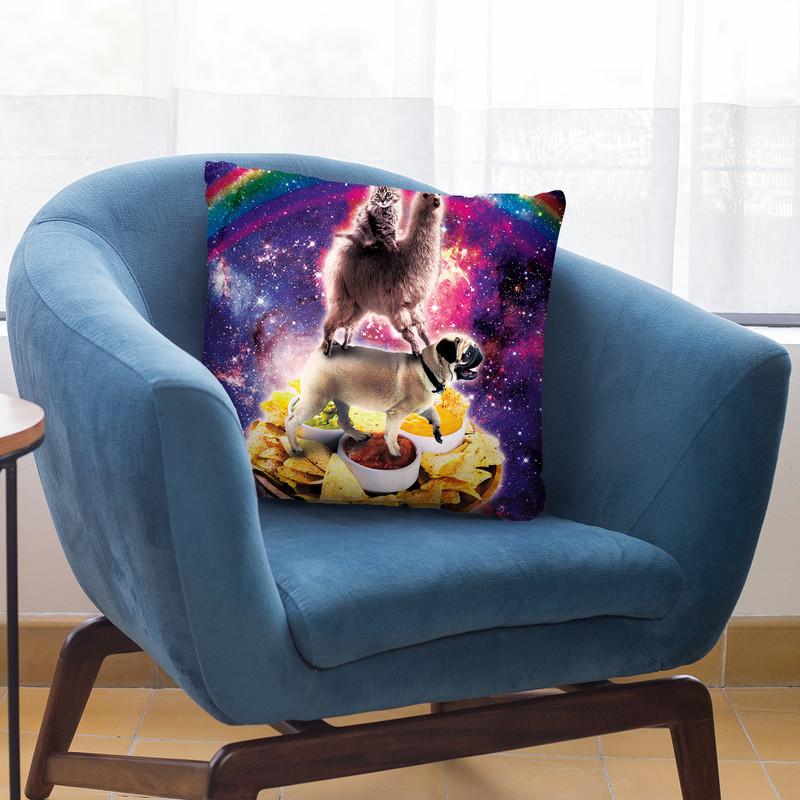 Space Cat Llama Pug Riding Nachos Throw Pillow By Skyler Hill