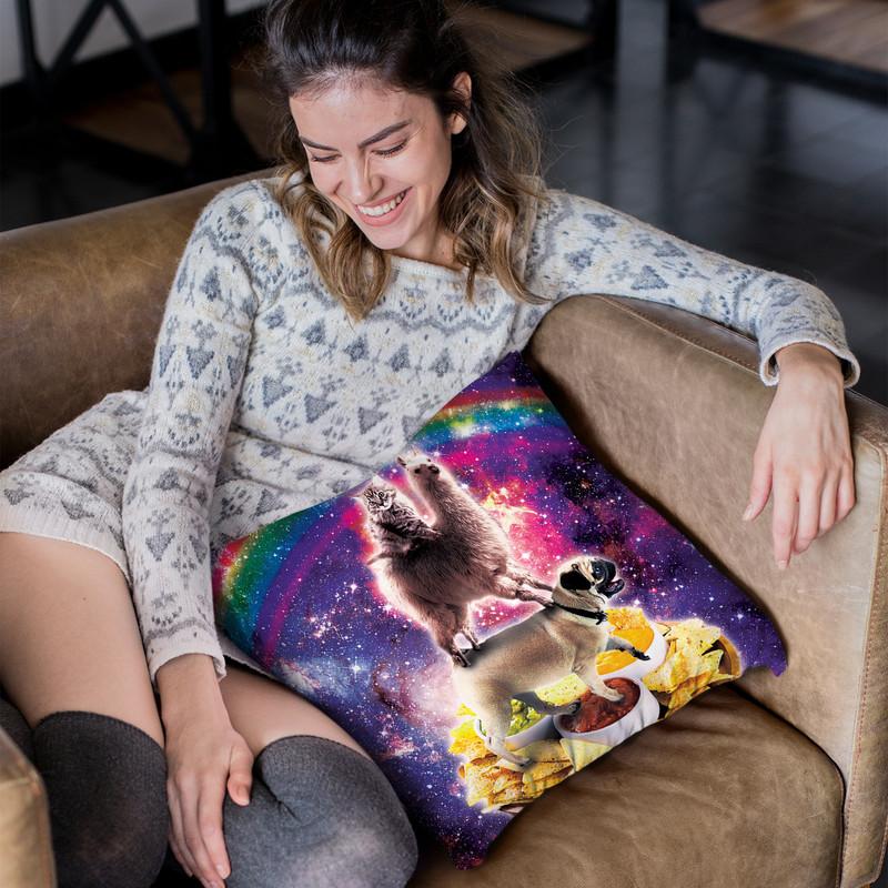 Space Cat Llama Pug Riding Nachos Throw Pillow By Skyler Hill
