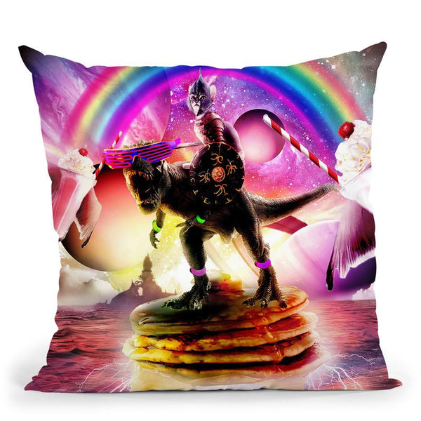 Cat Riding Dinosaur With Pancakes And Milkshake Throw Pillow By Skyler Hill