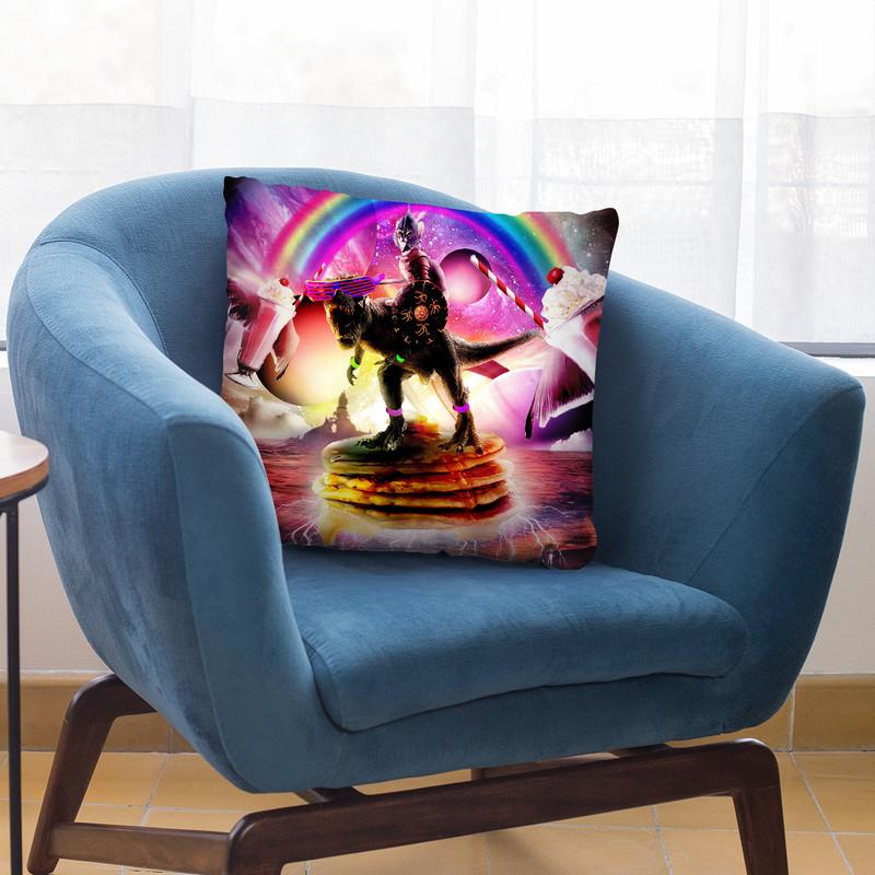 Cat Riding Dinosaur With Pancakes And Milkshake Throw Pillow By Skyler Hill