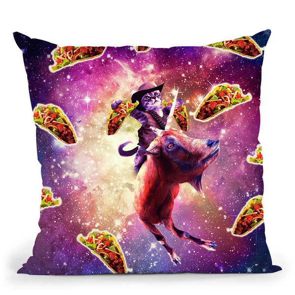 Cowboy Space Cat On Goat Unicorn - Taco Throw Pillow By Skyler Hill