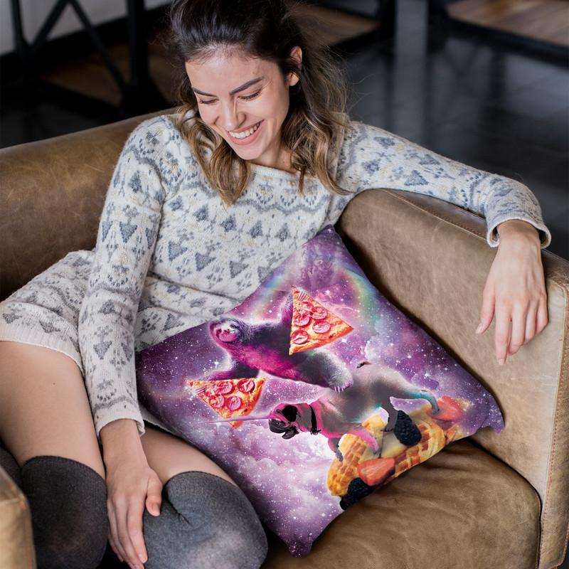 Space Pizza Sloth On Pug Unicorn On Waffles Throw Pillow By Skyler Hill