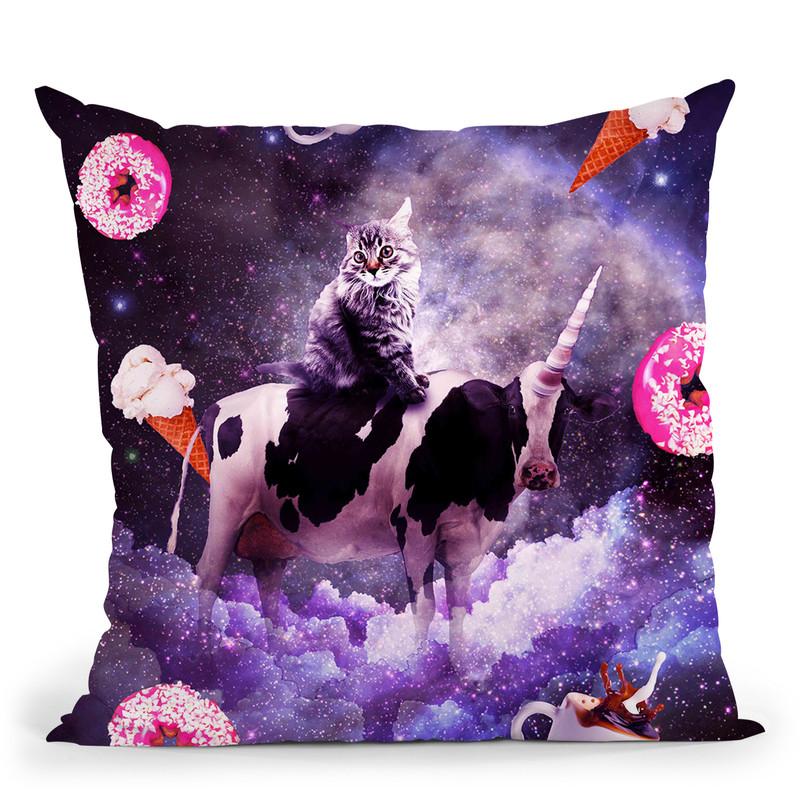 Outer Space Cat Riding Cow Unicorn - Donut Throw Pillow By Skyler Hill